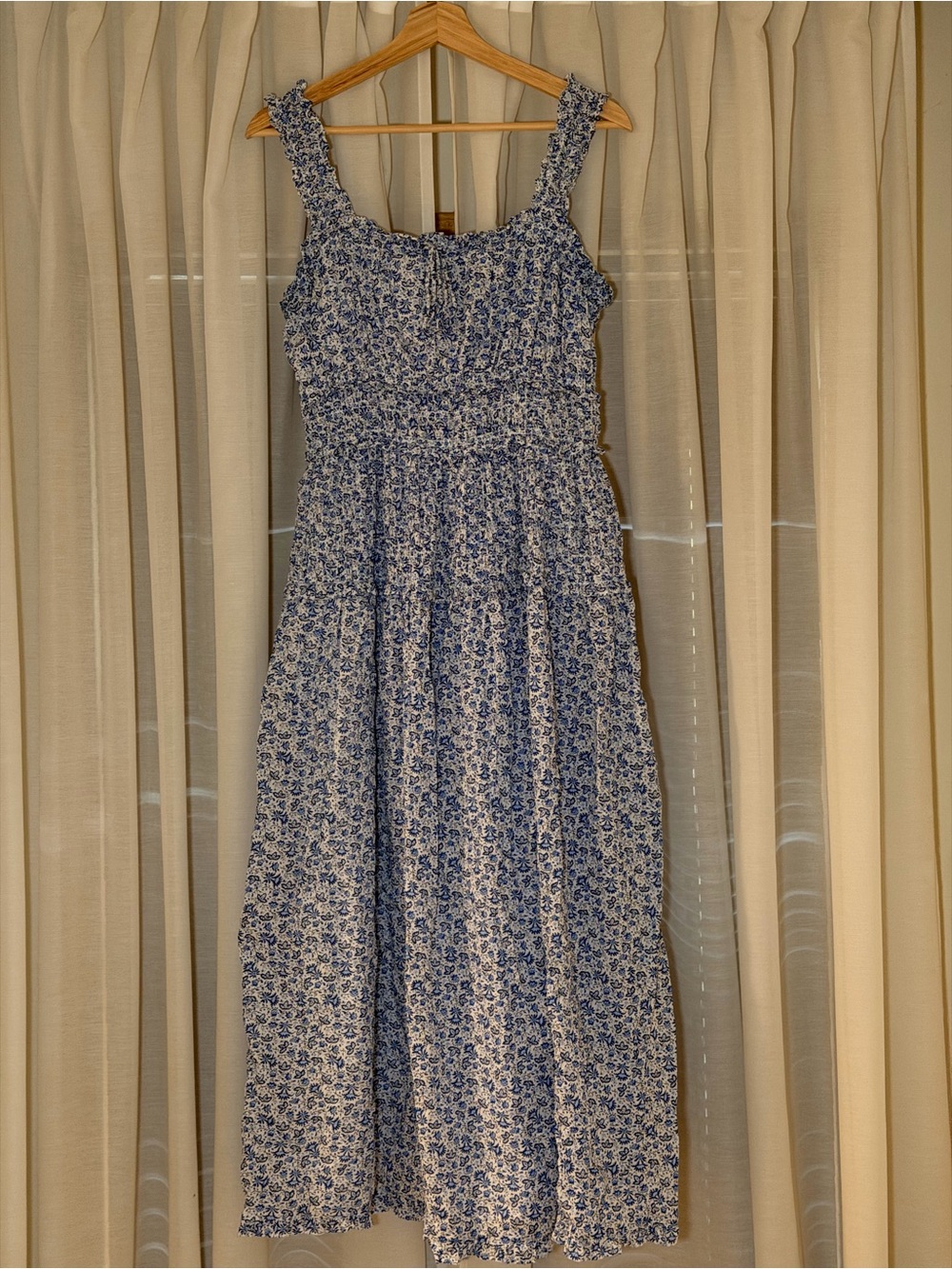 Blue Floral Maxi Dress with Smocked Bodice